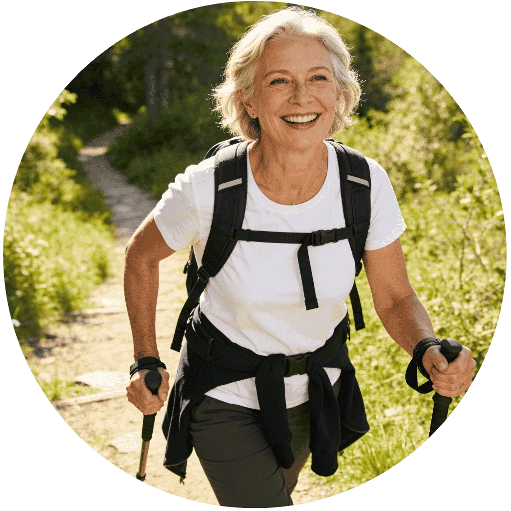 Femme de 60 ans entrain de faire une promenade en montagne. Elle est témoin du bien fait du pack iron body.