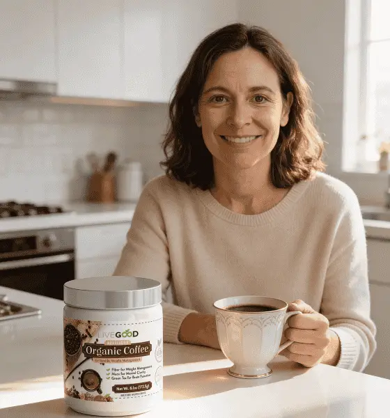 La coach Sophie devant une tasse de café bio au petit déjeuner.
