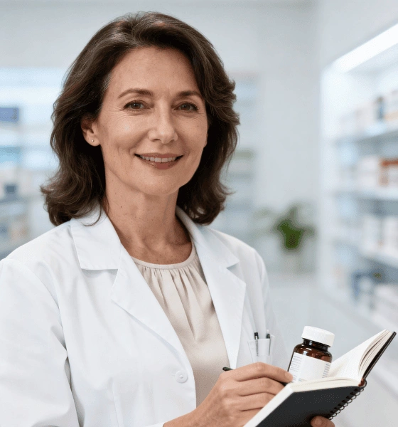 Portrait professionnel du Dr. Camille Laurent, Docteur en Pharmacie et experte en micronutrition pour VitalieBio, souriante et rassurante en blouse blanche.