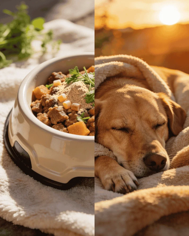 Image divisée illustrant les deux piliers du Pack Longévité pour animaux : à gauche, une gamelle saine saupoudrée de vitamines pour combler les carences nutritives ; à droite, un chien dormant paisiblement au soleil, symbolisant l'apaisement du stress et de la douleur grâce au CBD.