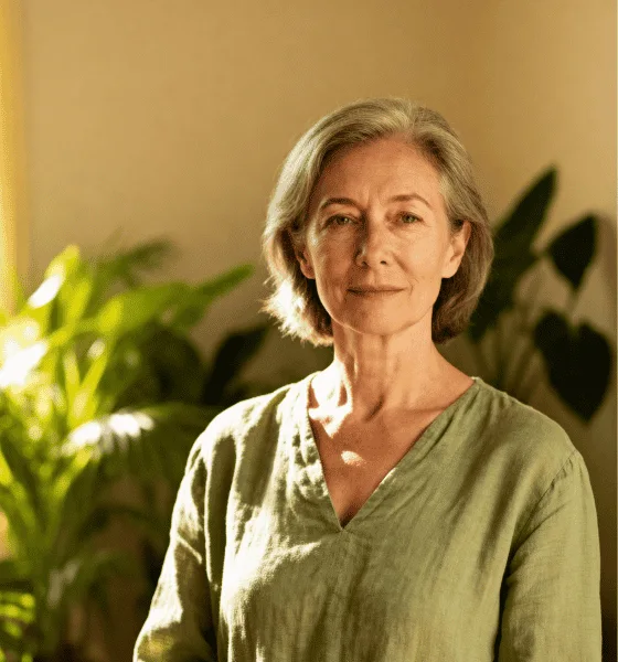 Portrait d'Elise Morceau, naturopathe certifiée et conseillère holistique chez VitalieBio, posant sereinement dans un environnement naturel et lumineux.