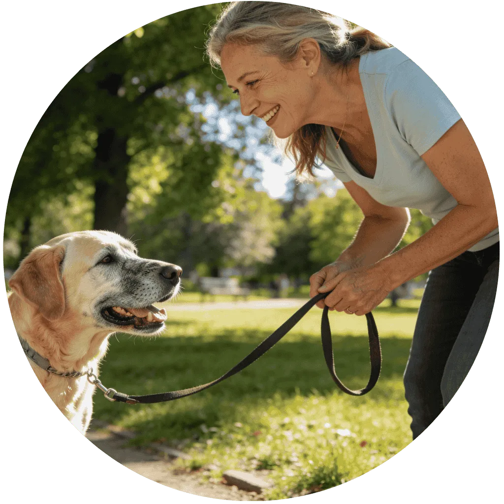 Avis client VitalieBio : Isabelle, 50 ans, sourit avec affection à son vieux chien Labrador en pleine forme dans un parc, témoignant de la vitalité retrouvée grâce aux vitamines et au CBD naturel.