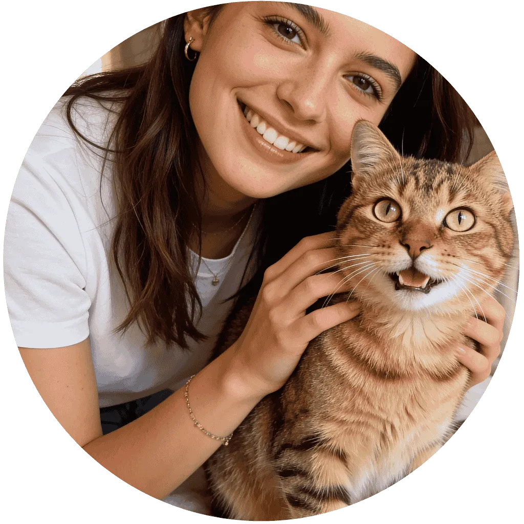 Avis vérifié VitalieBio : Camille, jeune femme souriante, câline son chat au pelage brillant et soyeux, prouvant l'appétence et les bienfaits des compléments naturels pour les félins difficiles.