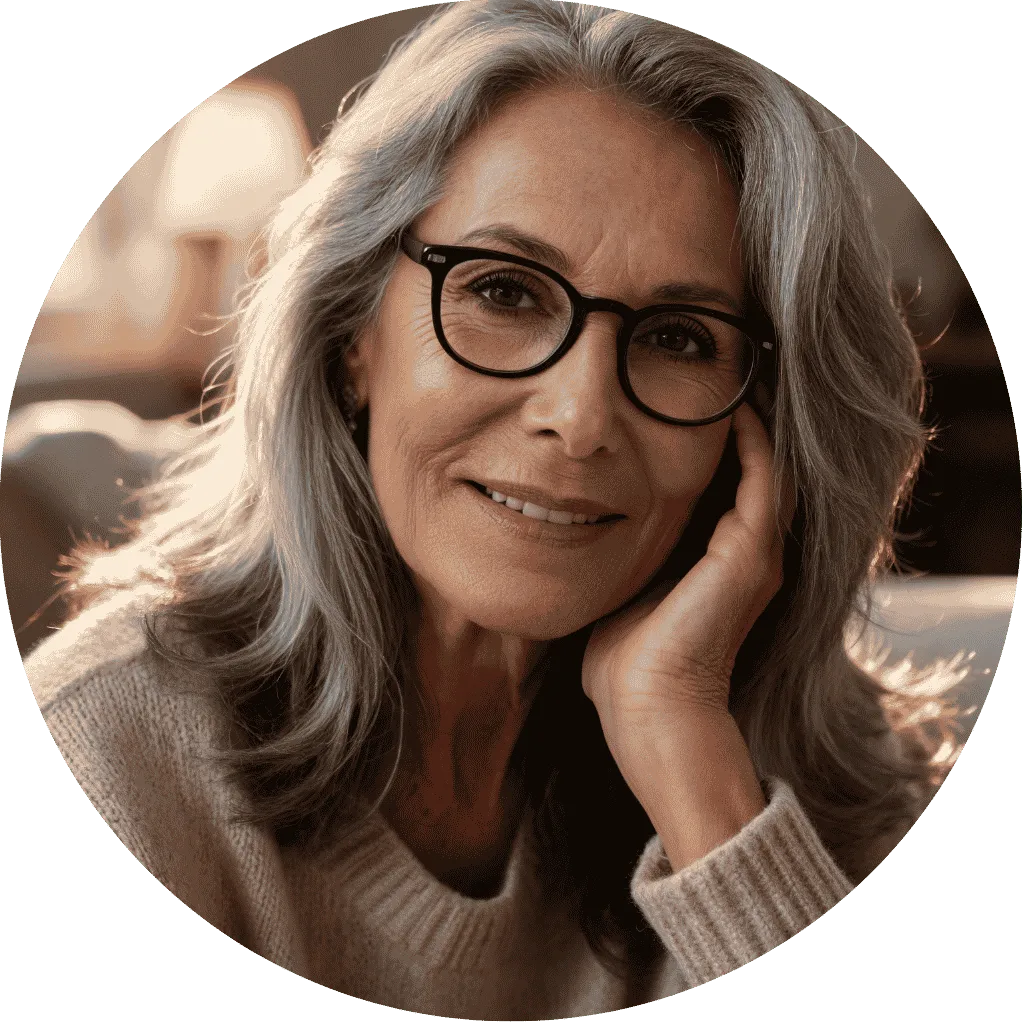 Portrait de Christine, 67 ans, affichant une peau mature lumineuse et repulpée grâce au Rituel Jeunesse 360 anti-âge de VitalieBio.
