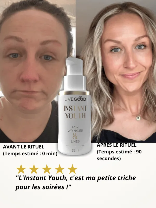 Résultat avant et après utilisation de la crème effet tenseur Instant Youth de LiveGood. Effacement des poches et ridules en 90 secondes avec témoignage client 5 étoiles sur VitalieBio.