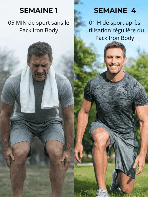 Comparaison avant après d'un homme sportif de 50 ans. À gauche, essoufflé et douleurs aux genoux. À droite, en pleine forme et sans douleur après 4 semaines de cure avec le pack Iron Body de VitalieBio (Whey, Collagène, CBD).