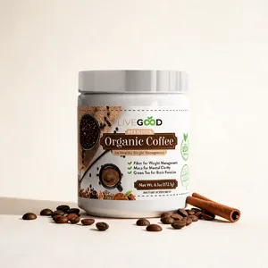 Pot de Café Bio minceur et énergie de la marque LiveGood proposé par VitalieBio, entouré de grains de café torréfiés et de cannelle. Complément naturel aux champignons adaptogènes.