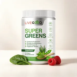 Pot de poudre Super Greens Bio LiveGood pour l'immunité et la digestion sur la boutique VitalieBio, présenté avec une cuillère de poudre verte, des épinards et des framboises fraîches.