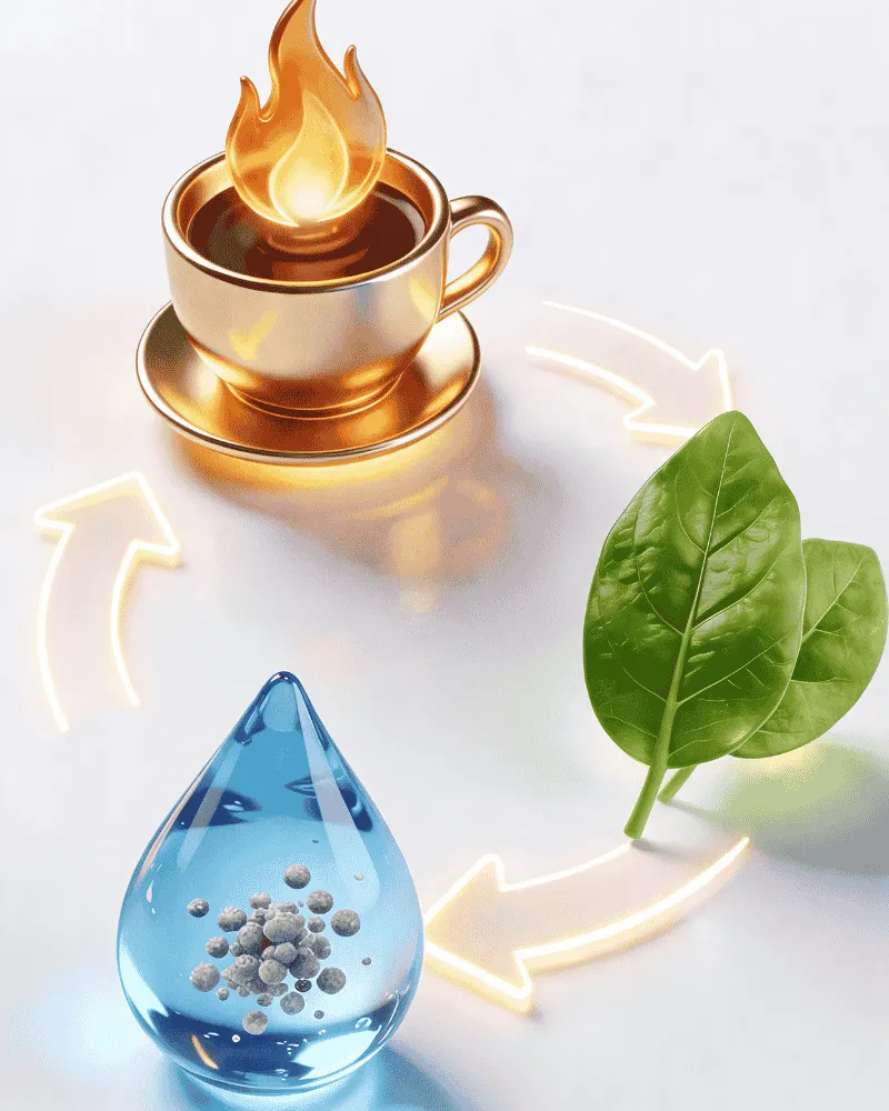 Infographie du cercle vertueux minceur VitalieBio : synergie du Pack Métamorphose avec le café brûle-graisse (flamme), le Super Greens revitalisant (feuille) et les gouttes Détox purifiantes (goutte d'eau).