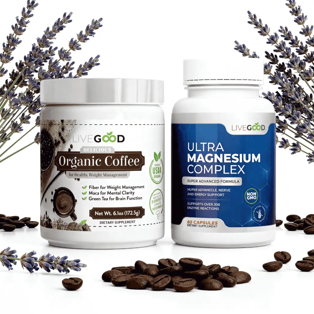 Le Rituel Zen Master par VitalieBio. Duo de compléments comprenant le Café Bio adaptogène et le Complexe Ultra Magnésium LiveGood, entourés de lavande et de grains de café pour équilibrer l'énergie et le sommeil.