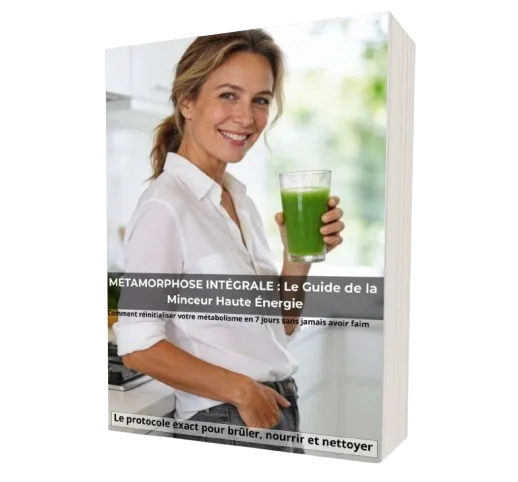 Livre numérique "Métamorphose Intégrale : Le Guide de la Minceur Haute Énergie" offert par VitalieBio. En couverture, une femme souriante buvant un jus vert détox, illustrant la perte de poids sans fatigue.