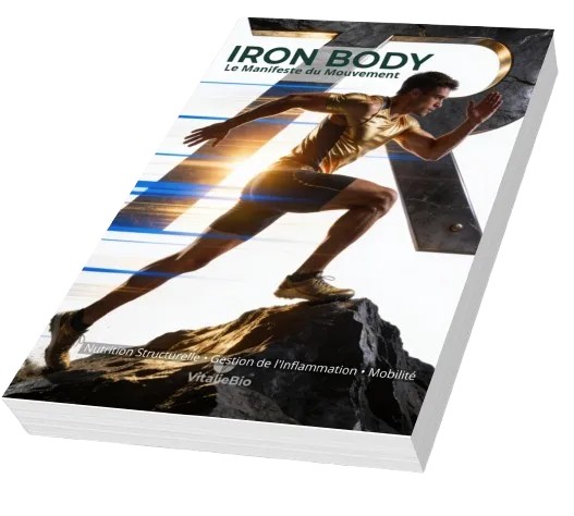 Ebook de coaching sportif "Iron Body : Le Manifeste du Mouvement" par VitalieBio. Homme courant en montagne, illustrant la récupération musculaire, la mobilité et la gestion de l'inflammation articulaire.