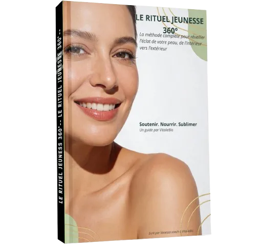 Ebook beauté "Le Rituel Jeunesse 360°" écrit par Coach Vanessa pour VitalieBio. Couverture montrant une femme au teint éclatant et naturel, guide expert de soins anti-âge pour la peau.