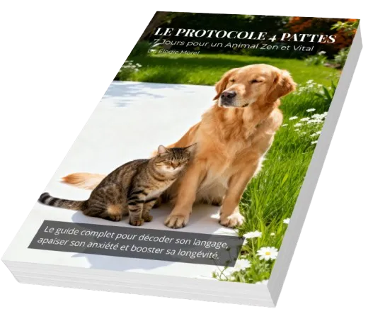 Guide vétérinaire naturel "Le Protocole 4 Pattes" par Dr Élodie Morel et VitalieBio. Chien Golden Retriever et chat apaisés dans l'herbe, méthode pour soulager l'arthrose et l'anxiété animale.