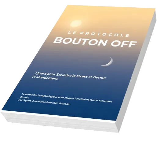 Couverture de l'Ebook "Le Protocole Bouton OFF" par Coach Sophie chez VitalieBio. Visuel apaisant du jour et de la nuit (soleil et lune) pour une méthode naturelle contre le stress et l'insomnie.