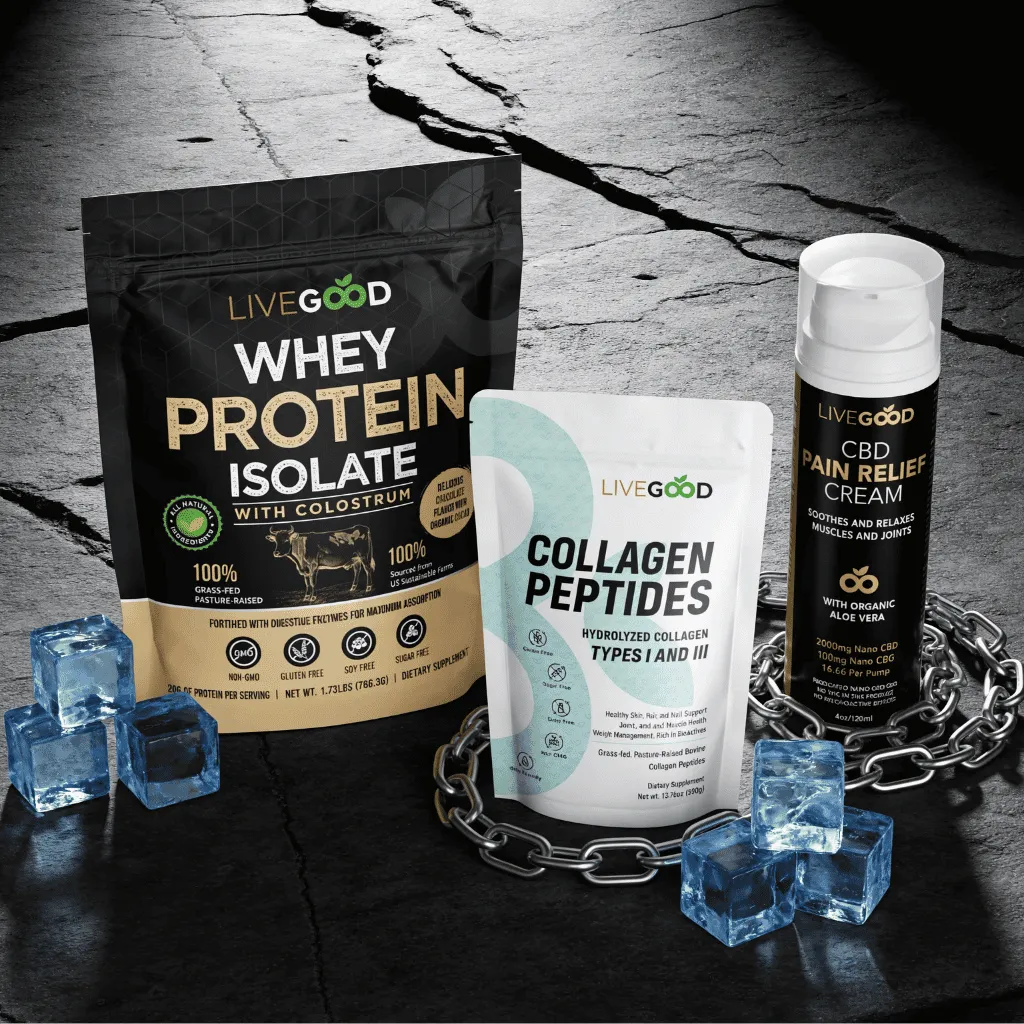 Le Rituel Iron Body de VitalieBio pour la récupération sportive et articulaire. Le pack comprend la Whey Isolate, les Peptides de Collagène et la Crème CBD LiveGood, présentés avec des glaçons et une chaîne pour symboliser la force et le soulagement.