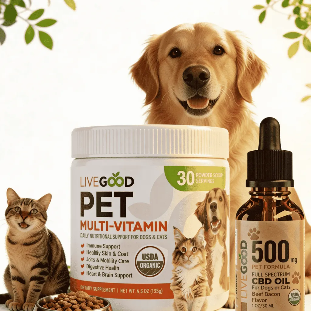 Le pack Vitalie Family pour la santé des animaux. Un chien heureux et un chat à côté du duo de compléments LiveGood : le pot de Multi-Vitamines Bio et le flacon d'huile de CBD pour apaiser chiens et chats
