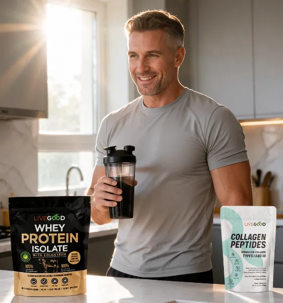 Homme sportif de 45 ans préparant son shaker de récupération avec la Whey Isolate et les Peptides de Collagène LiveGood dans sa cuisine, illustrant le rituel Iron Body de VitalieBio.