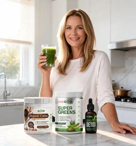 Femme rayonnante et en pleine forme dans sa cuisine, illustrant la simplicité de la routine minceur et énergie du Pack Métamorphose VitalieBio avec le café, le Super Greens et le Détox.