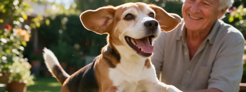 Un chien âgé heureux jouant dans le jardin avec son propriétaire, illustrant le confort et la complicité grâce à des compléments pour chiens et les articulations.