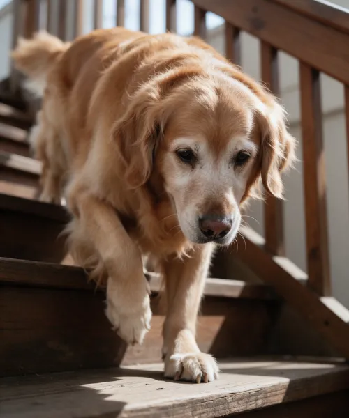 Labrador âgé descendant les escaliers avec précaution, illustrant les signes de douleurs articulaires chez les chiens seniors et la nécessité d’un complément pour chiens âgés et articulations.