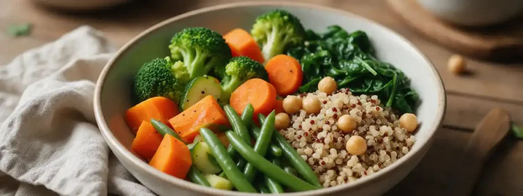 Bol de légume cuits à la vapeur et quinoa pour une digestion légère pour dégonfler le ventre.
