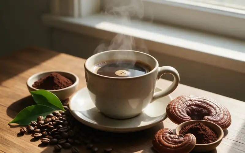 Une tasse de café fumant placée sur une table en bois, entourée de grains de café, de champignons Reishi, et de poudre de Reishi, dans une ambiance lumineuse et naturelle près d’une fenêtre ensoleillée.