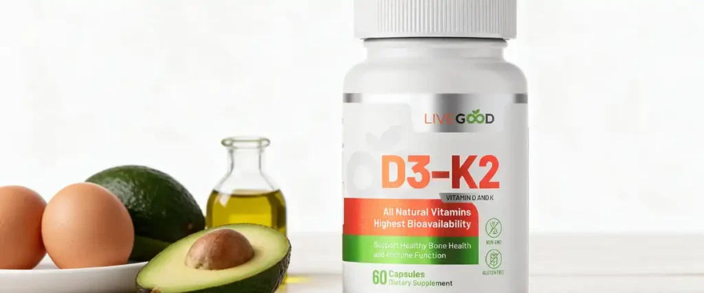 Flacon de vitamine D3-K2 biologique de LiveGood, entouré d’aliments riches en bonnes graisses comme des œufs, de l’avocat et de l’huile d’olive, pour une absorption optimale en hiver de la vitamine D.