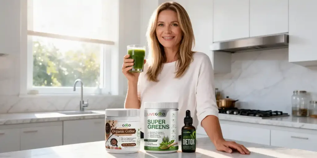 Une femme souriante dans une cuisine lumineuse, tenant un verre de boisson verte détoxifiante, avec des produits naturels tels que du café biologique, des super greens et un complément détox posés sur le comptoir devant elle. Complément pour dégonfler le ventre.