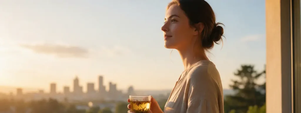 Une femme debout sur un balcon au lever du soleil, tenant une tasse de thé, pour pratiquer un rituel anti-fatigue consistant à s’exposer à la lumière du jour et à rééquilibrer son horloge biologique pour une énergie stable toute la journée.