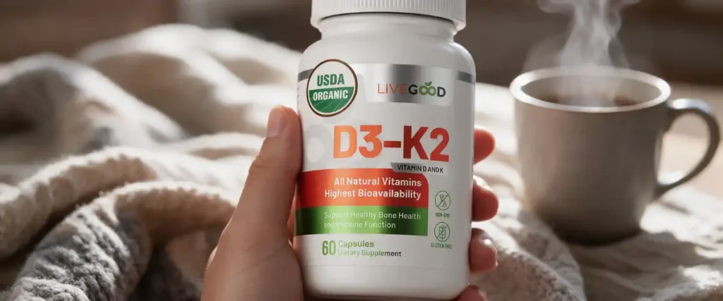 Flacon de vitamine D3-K2 biologique LiveGood tenu dans une main, avec une tasse fumante et un plaid en arrière-plan, symbolisant une routine hivernale réconfortante et bénéfique pour la santé et pour une journée pleine de vitamine D .