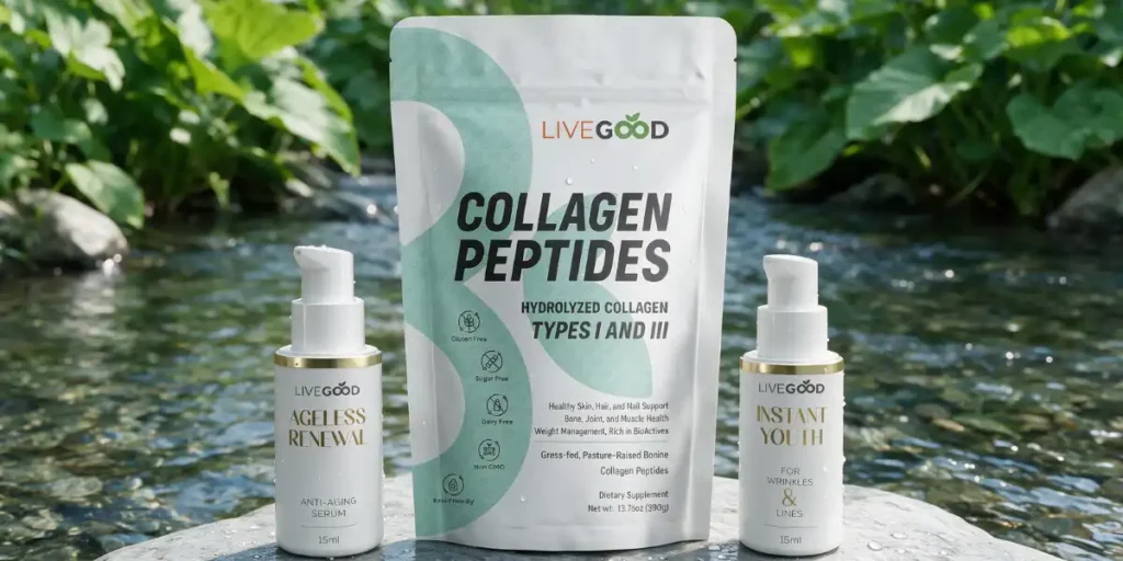 Produits de soins anti-âge LiveGood avec peptides de collagène, sérum Ageless Renewal et Instant Youth pour une peau jeune et lisse.