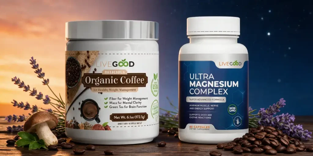 Produits LiveGood en conclusion du rituel anti-fatigue : café biologique aux champignons pour une énergie stable et magnésium avancé pour un repos optimisé, accompagnés de lavande, champignons et grains de café dans une ambiance équilibrée entre jour et nuit.