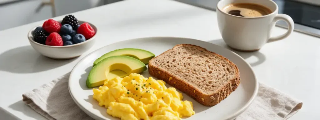 Un petit-déjeuner riche en fibres et protéines composé d’œufs brouillés, de tranches d’avocat, de pain complet, d’un bol de fruits rouges et d’une tasse de café. Idéal pour stabiliser la glycémie et éviter les coups de fatigue matinaux idéal pour un rituel anti-fatigue.