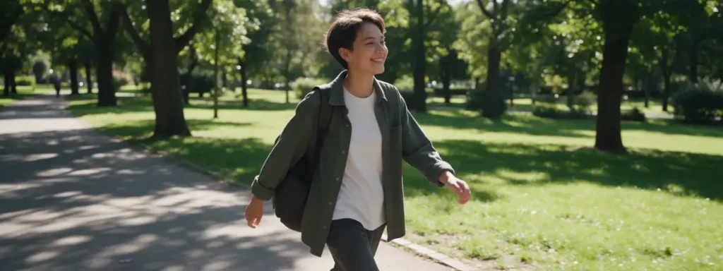 Une personne marche dans un parc ensoleillé pour réaliser un rituel anti-fatigue, en s’exposant à la lumière du jour, favorisant le rééquilibrage de l’horloge biologique et une énergie stable toute la journée.