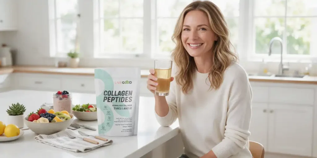 Femme souriante assise dans une cuisine lumineuse, tenant un verre de collagène à la main, entourée de fruits frais, salade et un paquet de Collagen Peptides, symbolisant un mode de vie sain et équilibré. Début d'une routine anti-âge.