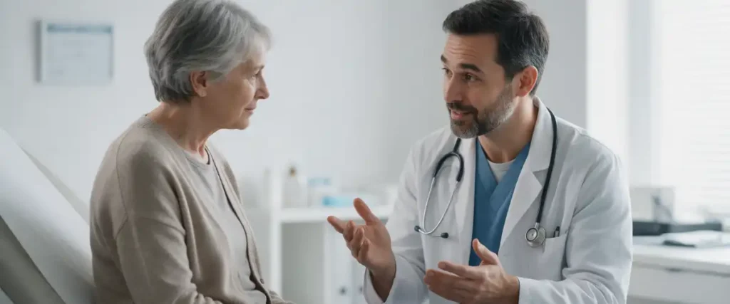 Consultation médicale entre un patient et un médecin pour obtenir des solutions contre les raideurs musculaires.