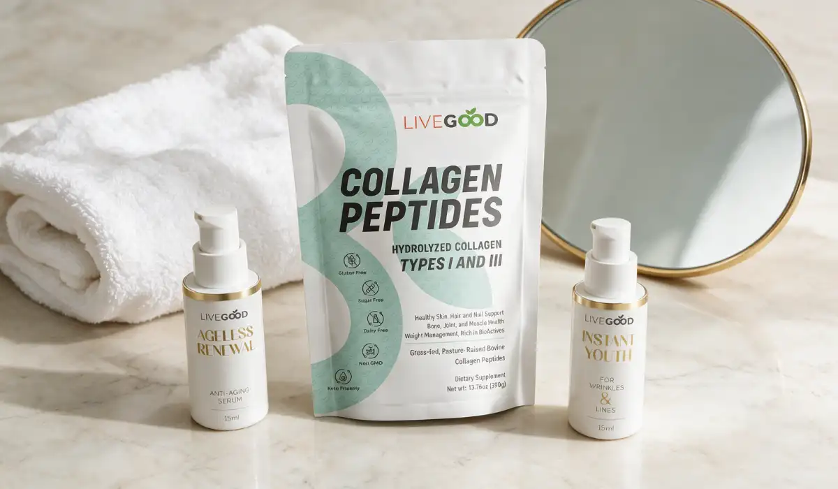 Rituel anti-âge naturel complet avec collagène en poudre et soins visage pour soutenir la peau de l’intérieur, hydrater de l’extérieur et prévenir les signes de l’âge.